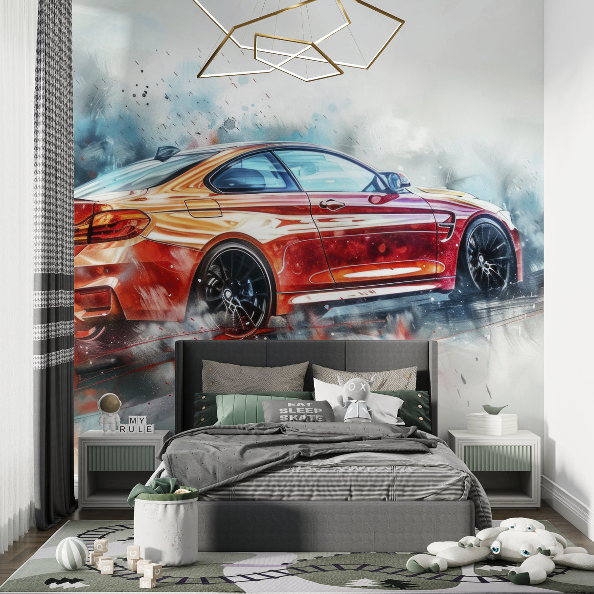 Sports car wallpaper creating drama in modern living room with grey sofa and minimal decor