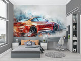 BMW wall mural bringing energy to teen bedroom with gaming setup