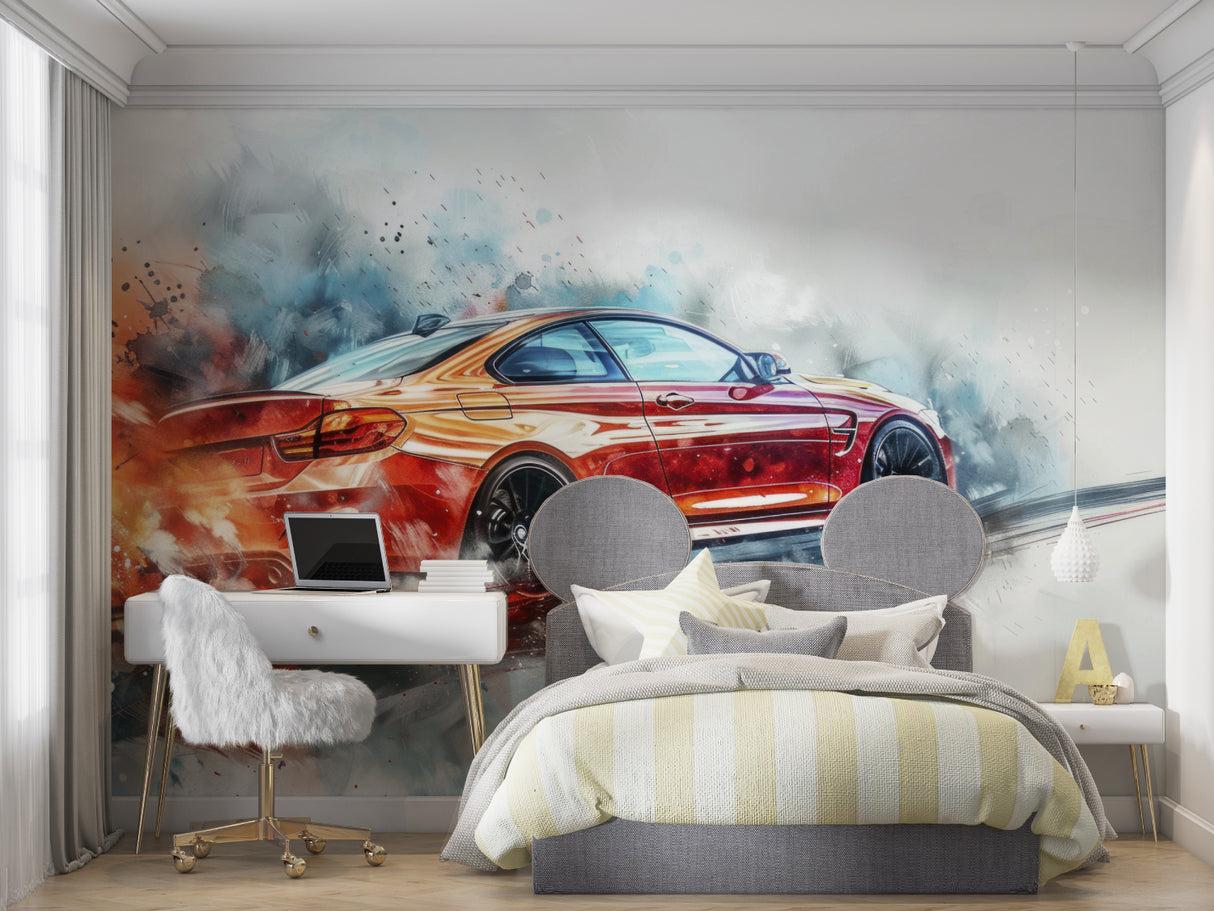 Automotive wallpaper transforming home office with contemporary furniture