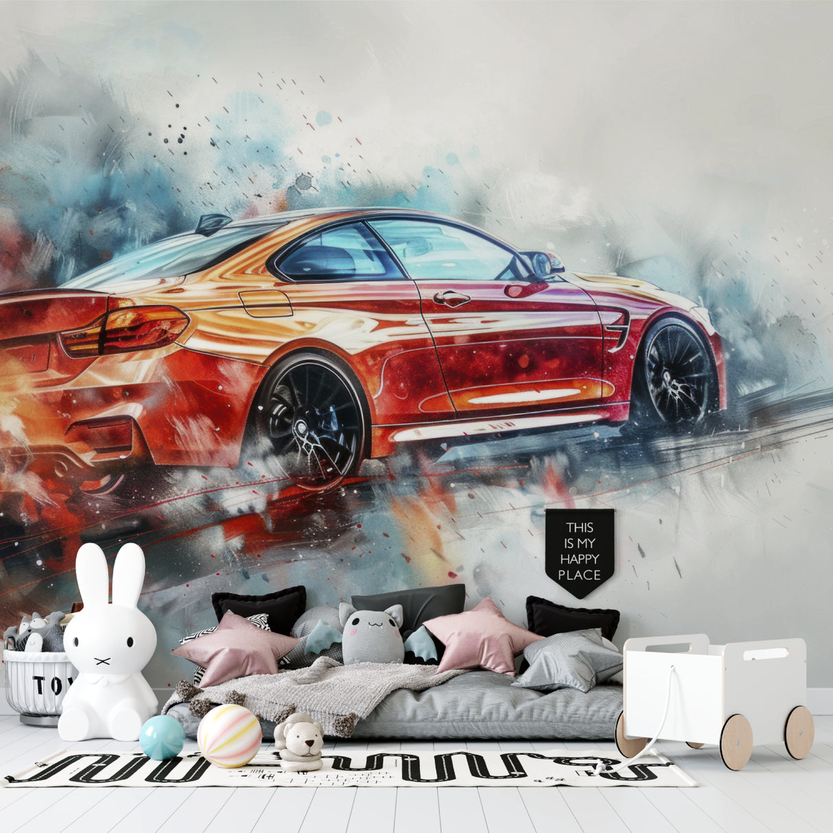 Sports car mural making statement in modern garage with luxury cars