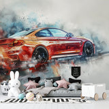 Sports car mural making statement in modern garage with luxury cars