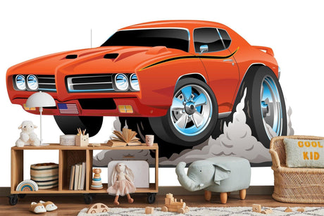 Sports car wallpaper brightening a modern kids bedroom, orange muscle car design adding energy to white walls