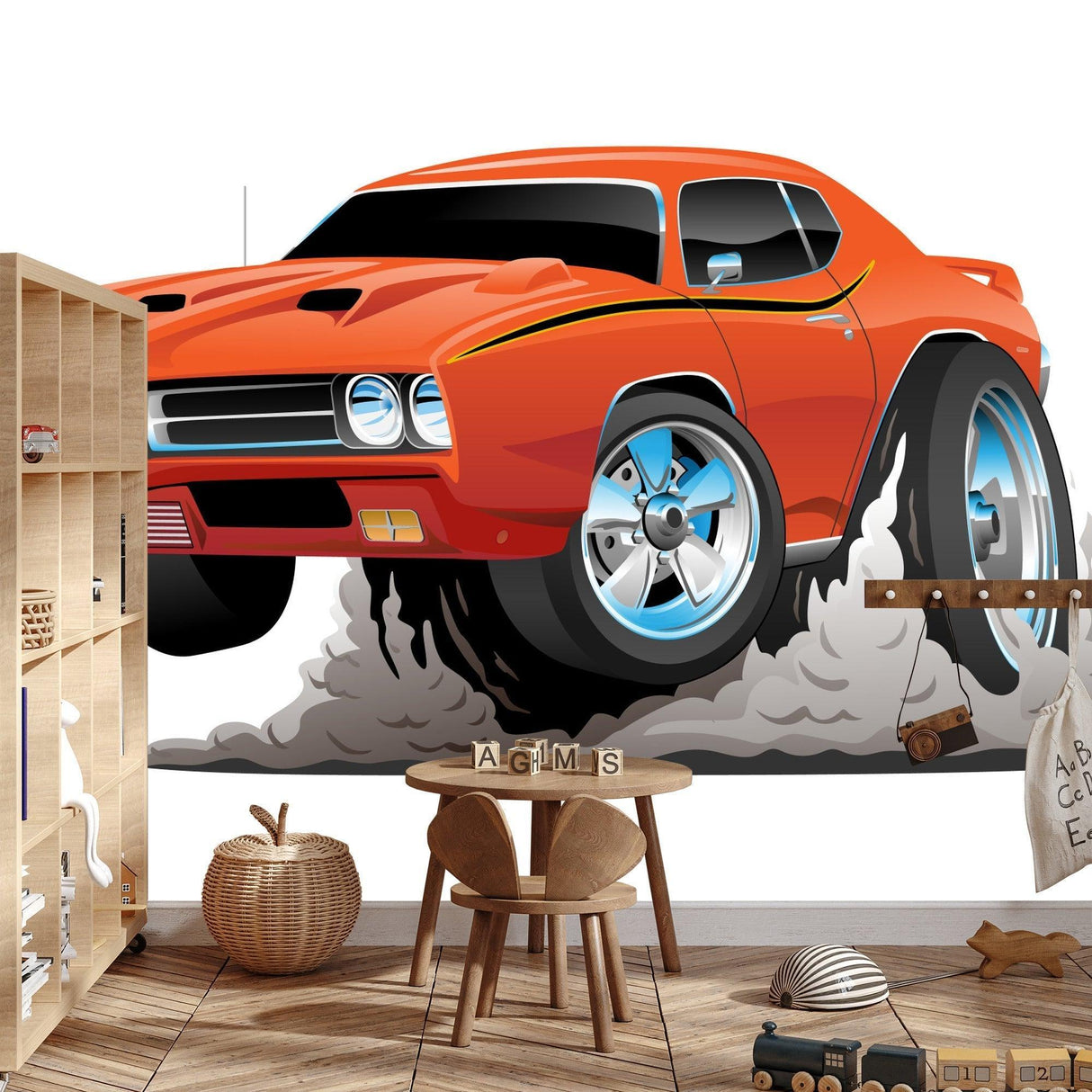 Classic car mural in a teen's gaming room, vintage muscle car design creating dynamic atmosphere