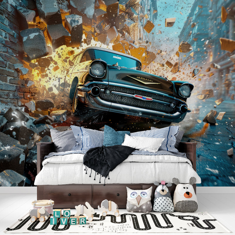 3D Car Breakthrough Wallpaper in modern living room showing dramatic effect and depth