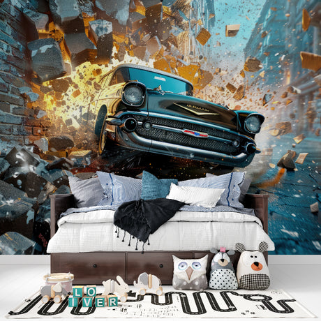 3D Car Breakthrough Wallpaper in modern living room showing dramatic effect and depth