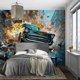 Vintage car wall mural in teen bedroom creating exciting atmosphere