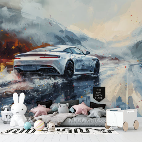 Sports car wallpaper creating drama in modern living room with grey sofa and minimal decor