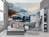Racing car mural transforming teen bedroom with gaming setup and LED lights