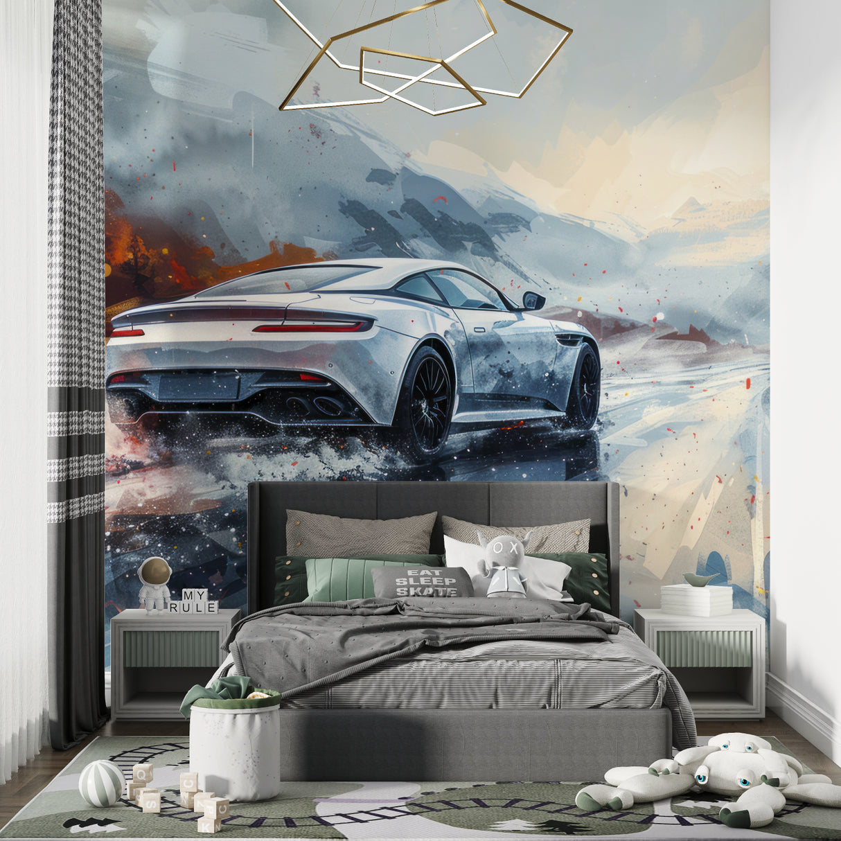 Luxury car wallpaper installation in sleek home office with black furniture