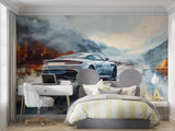 Sports car wall mural bringing energy to modern entertainment room