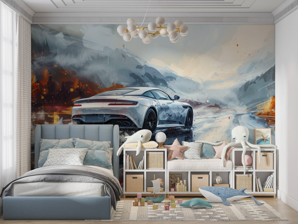 Car wallpaper making statement in contemporary man cave setup