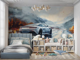 Car wallpaper making statement in contemporary man cave setup