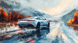 Design file showing detailed sports car against mountain backdrop with dynamic racing effects