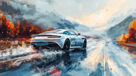 Design file showing detailed sports car against mountain backdrop with dynamic racing effects