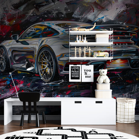 Sports car mural wallpaper brings urban style to modern living room with Porsche street art design