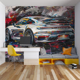 Teen bedroom transformed with street art Porsche wallpaper mural showing chrome details