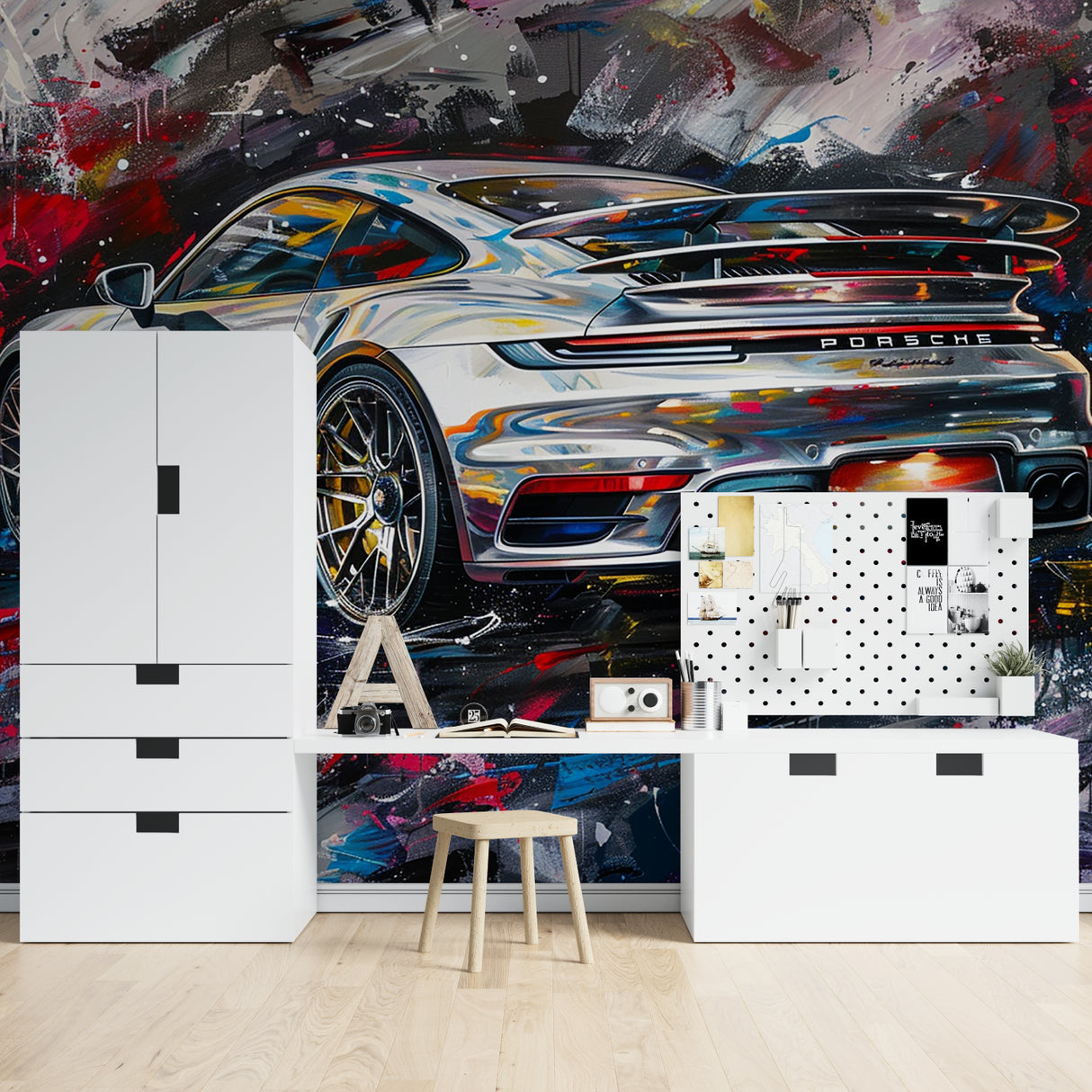 Game room wall with urban Porsche art mural showing street style elements