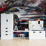 Game room wall with urban Porsche art mural showing street style elements