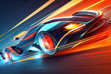 Design file showing complete racing car pattern with turquoise and orange speed elements