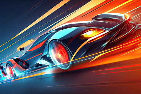Design file showing complete racing car pattern with turquoise and orange speed elements