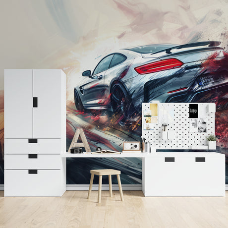 Sports car wallpaper bringing racing excitement to a modern living room with grey and red accents
