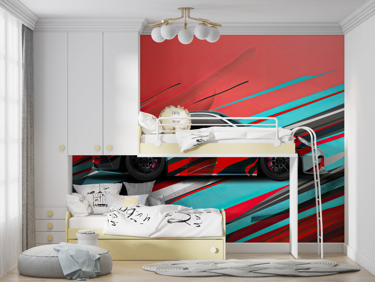 Sports car wallpaper mural showcased in modern living room with sleek furniture