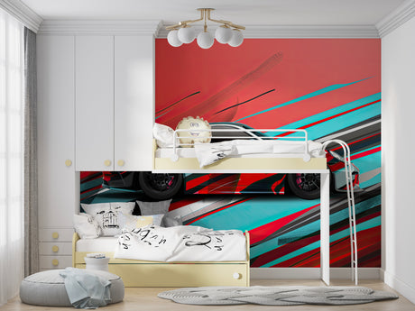 Sports car wallpaper mural showcased in modern living room with sleek furniture