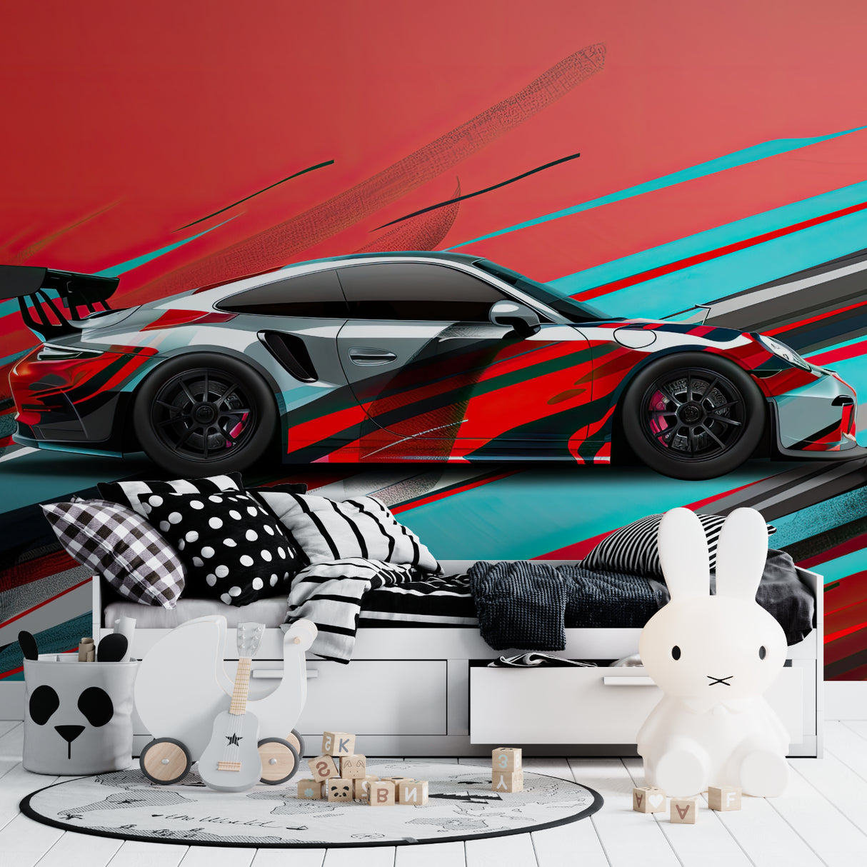 Racing wall mural creating dramatic impact in teen bedroom setting