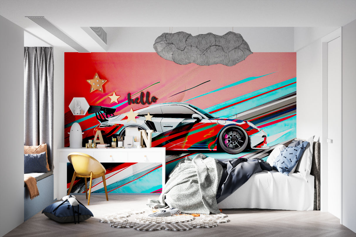 Sports car mural displayed in contemporary game room with modern lighting
