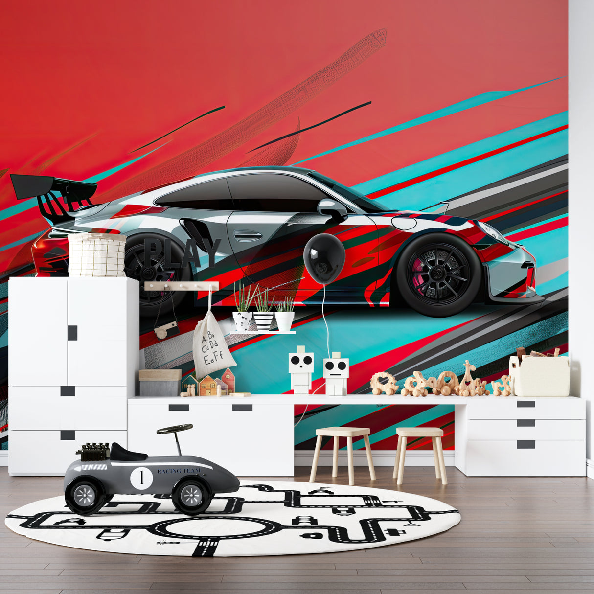 Racing design mural adding energy to modern entertainment space