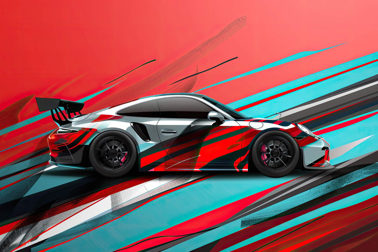Sports car wallpaper design file showing detailed red and turquoise racing pattern