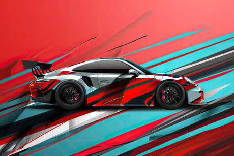 Sports car wallpaper design file showing detailed red and turquoise racing pattern