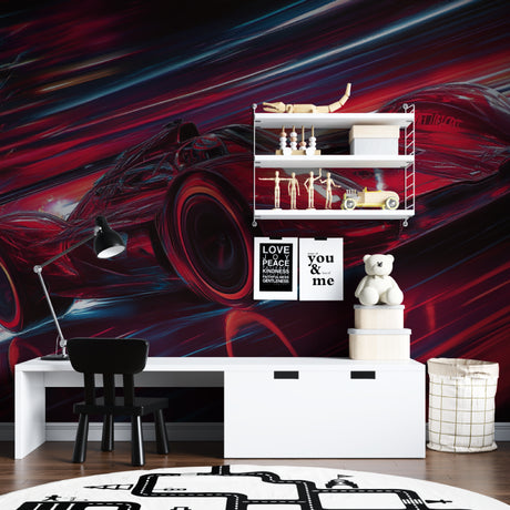 Racing car wallpaper bringing speed and style to a modern teen bedroom with red and blue motion effects