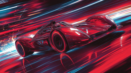 Design file showing detailed red racing car pattern with motion effects and dynamic background