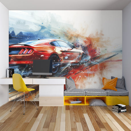 Sports car wallpaper in modern teen bedroom showing red racing design with dramatic lighting effects