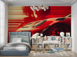 Sports car wallpaper creating bold impact in modern living room with red racing design