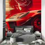 Racing car mural adding energy to teen bedroom with dynamic red design