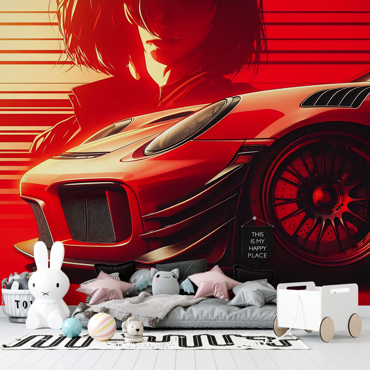 Automotive wall mural transforming gaming room with sleek sports car design
