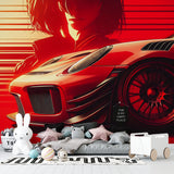 Automotive wall mural transforming gaming room with sleek sports car design