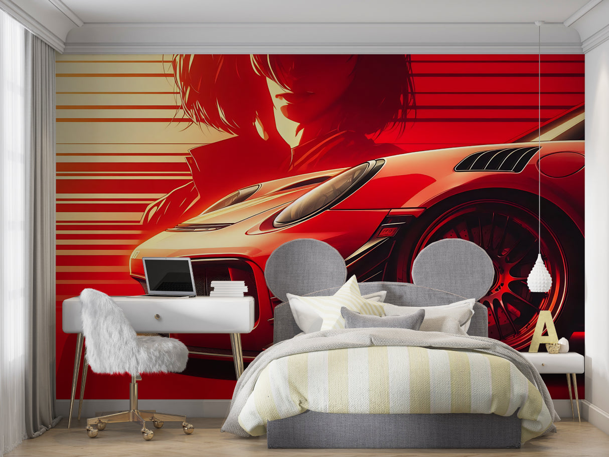 Red sports car wallpaper making statement in home office with bold racing theme