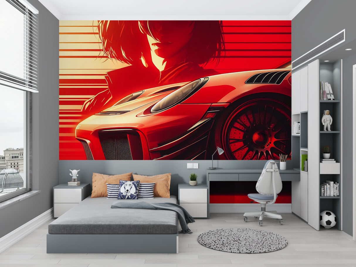 Dynamic car mural enhancing man cave with striking red racing design