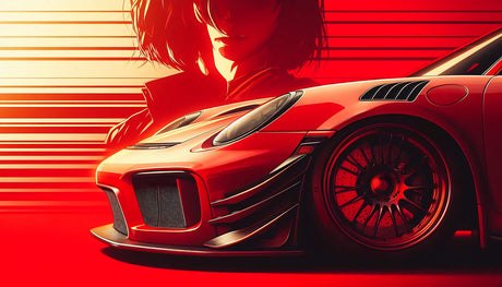 Sports car wallpaper design file showing detailed red racing pattern and dynamic stripes