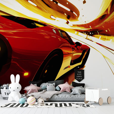 Racing car wallpaper creating bold impact in modern living room with grey sofa and minimal decor