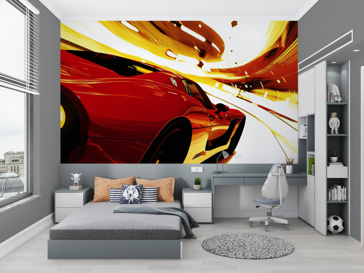 Sports car mural bringing energy to teen bedroom with gaming setup