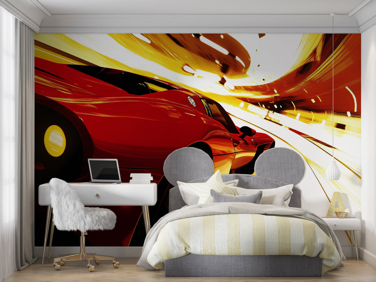 Dynamic red racing car design transforming home office space