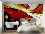 Dynamic red racing car design transforming home office space