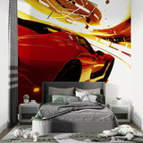 Car wallpaper adding speed feel to modern entertainment room