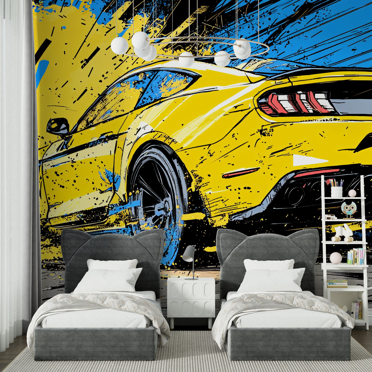 Sports car graffiti wallpaper in modern teen bedroom, yellow car design on dark urban background