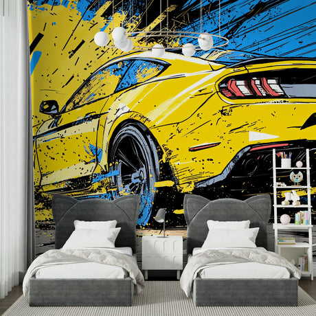 Sports car graffiti wallpaper in modern teen bedroom, yellow car design on dark urban background