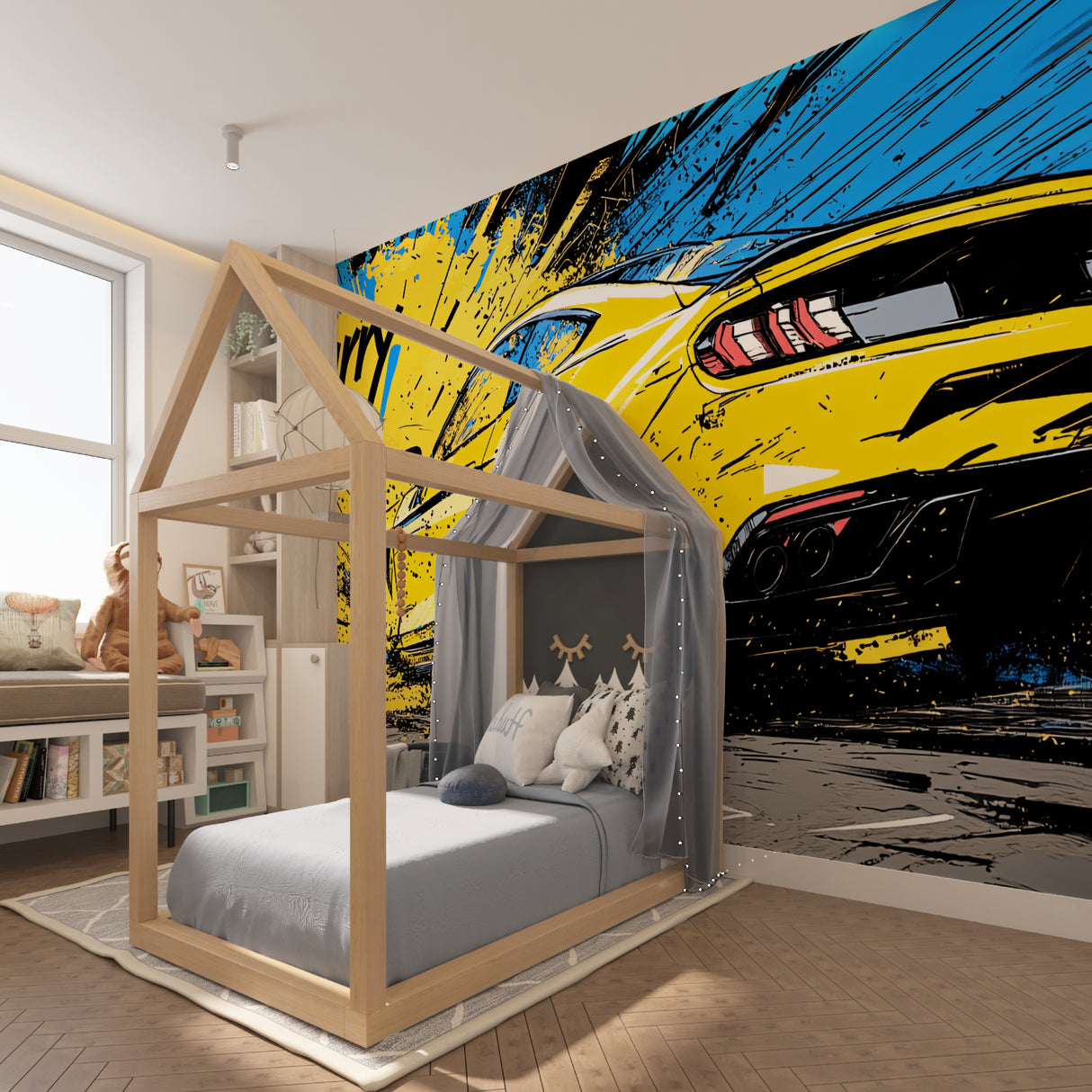 Street art car mural in gaming room showing scale and dramatic lighting